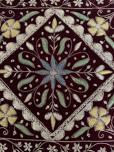 India Pillow Cover Burgundy Velvet Floral 16" Square Embroidery Silver Metallic - Picture 2 of 5