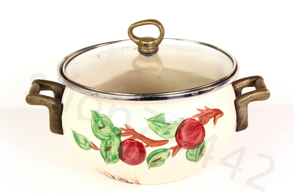 FRANCISCAN APPLE Enamel Stock Pot Double Handle Glass Lid 7