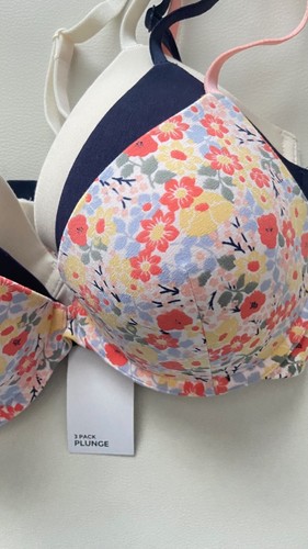 BNWT M&S 3PK COTTON RICH PADDED WIRED PLUNGE BRAS NAVY - CREAM - FLORAL PRINT - Picture 2 of 2