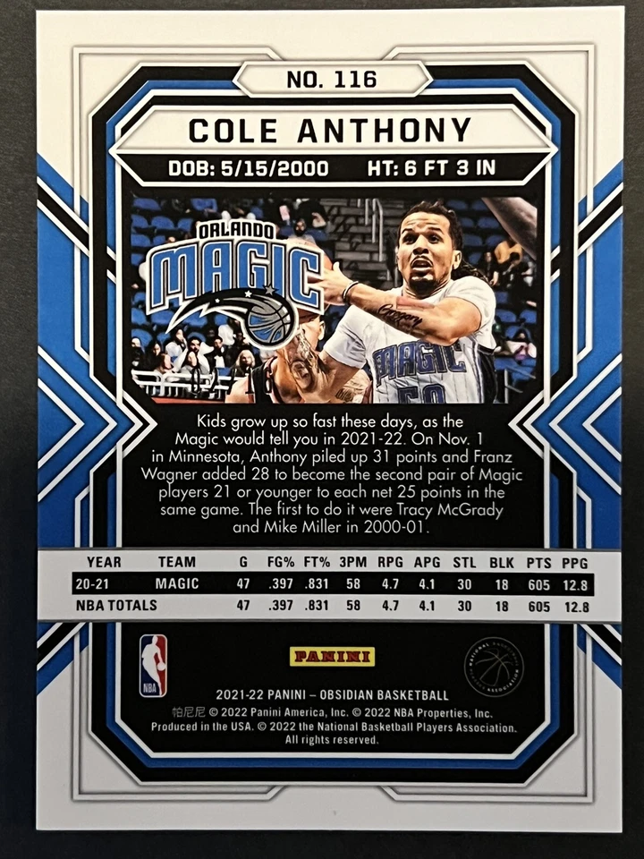 2021-22 Panini Obsidian Magic Cole Anthony #116 - SP FOTL Blue Etch #d 02/16 - Image 2 of 2