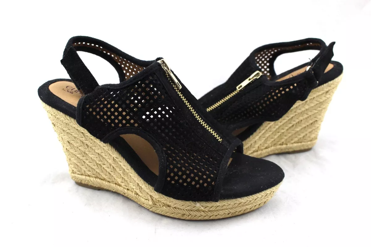EURO SOFT BY SOFFT Black Suede Leather Perforated Raffia Wedges Sandals 8.5