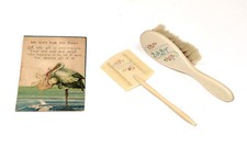 Vtg Lot Celluloid Baby Brush  Comb Set  Stork Gift Card, Yellow w/Pink Floral