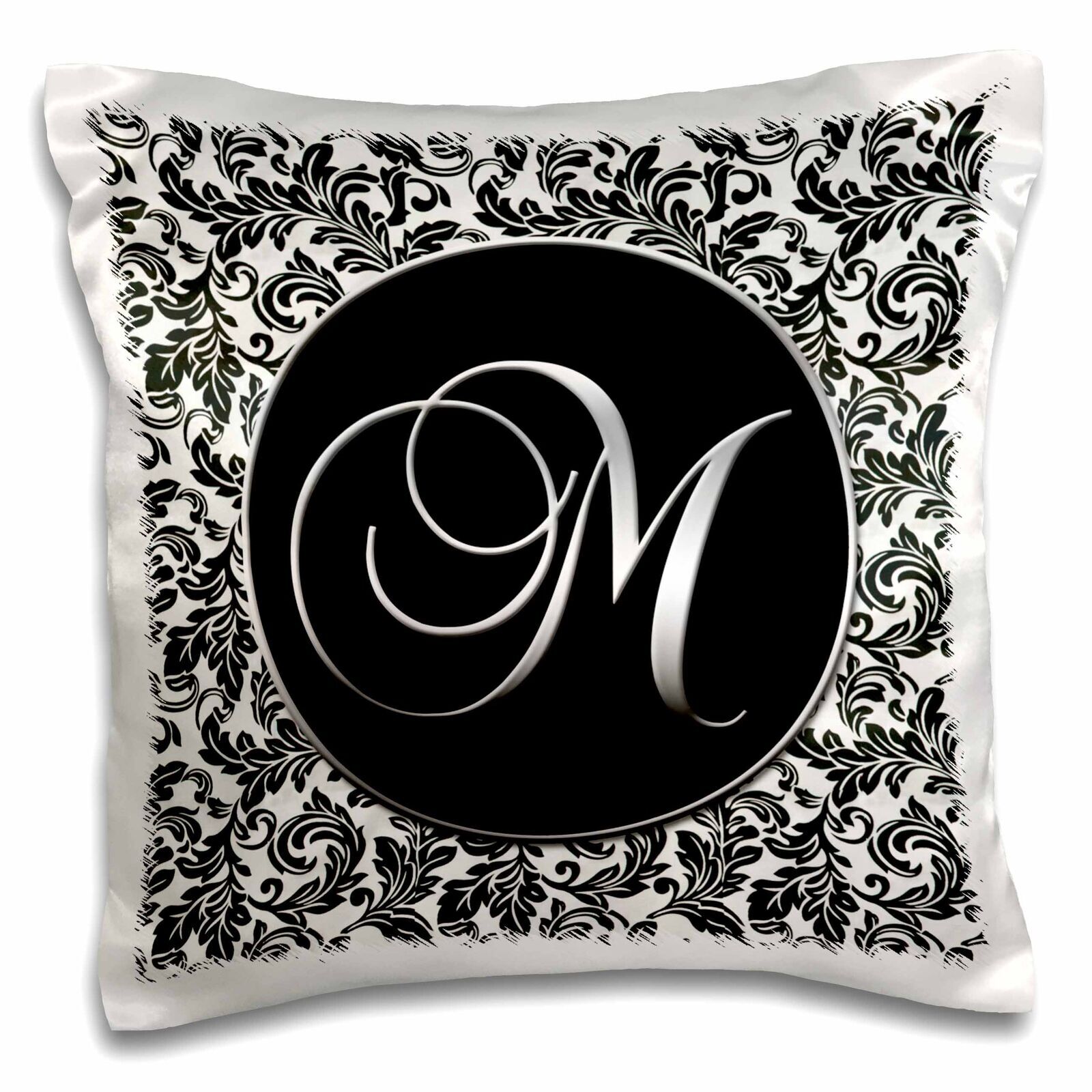 3D Rose Black and White Damask Monogram M 16x16 Pillow Case