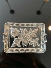 Vintage Cut Glass Frosted Rose Embossed Individual Rectangular Ashtray MINT