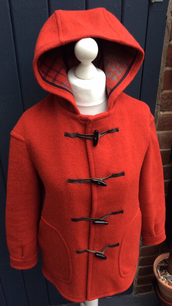 VINTAGE GLOVERALL DUFFLE COAT RED WOOL UNUSUAL BOXY DESIGN HOOD XS