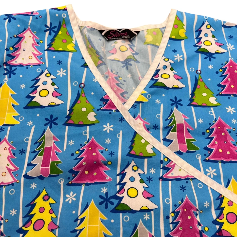 Womens Christmas Scrub Top Set of 2 Medium Red Reindeer Pastel Christmas Trees - Image 4 of 4