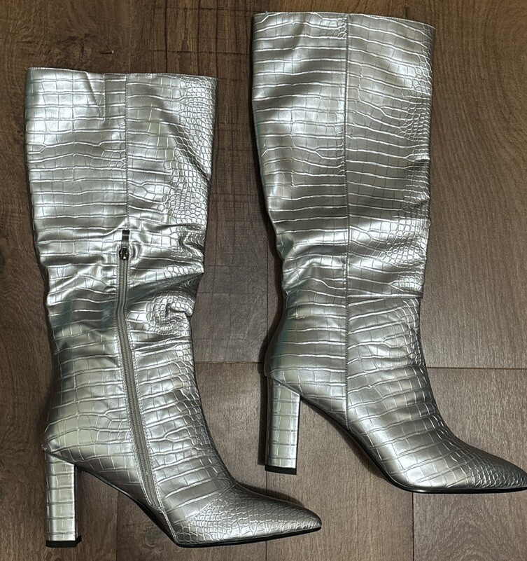 Modatope MT-B24 Womens Silver Pointed Toe Knee High Boots Size 11