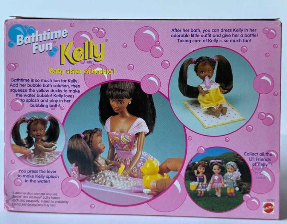 🫧Bath Time Fun Kelly 💕Barbie's Baby Sister💕1995 Afroamericana-Caja dañada Foto 3 de 4