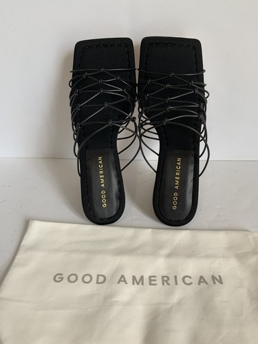 Good American Women’s Shoes Sz 5 Black Mule Block String Caged Neoprene 3” Heels - Picture 5 of 9