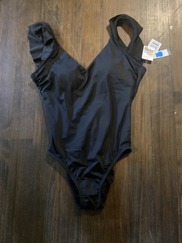Time And Tru Women's Ruffled Solid Black One Piece Swimsuit Size M(8-10)