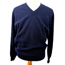 DAKS London 80s Scotland Lambswool Sweater Men Sz M Navy V Neck Autumn Pullover