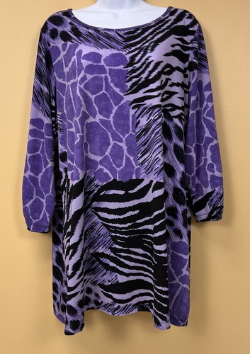 Susan Graver Damen Übergröße 1X Tunika Bluse lila Animalprint dehnbar