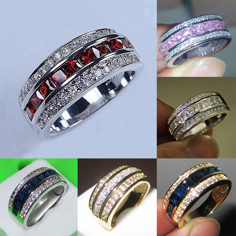 Women 925 Silver Wedding Band Inlay Zirconia Bridal Engagement Ring Size 6-12-image