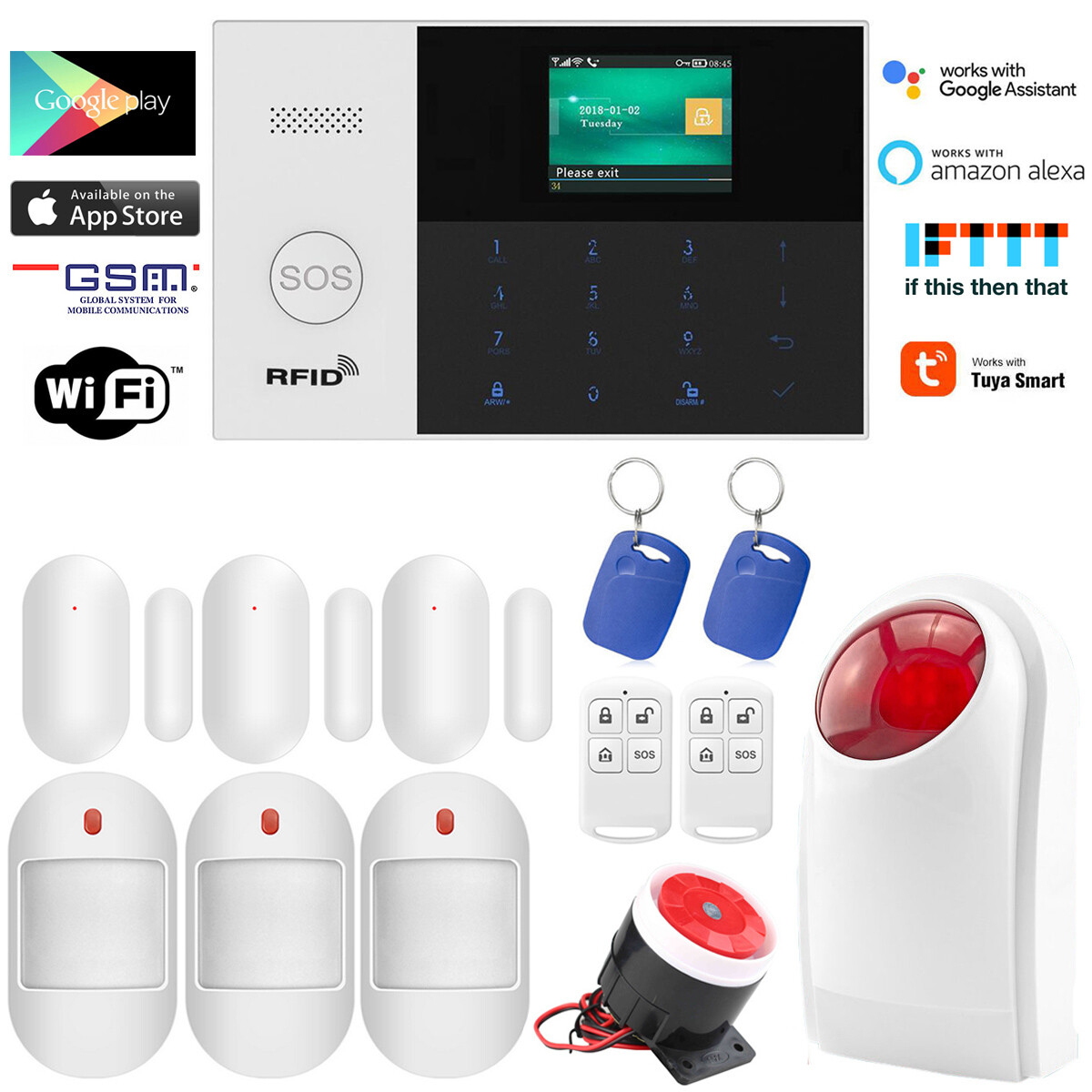 O08 WiFi Cloud APP GSM SMS Wireless Tuya Home Security Alarm System+Strobe Light