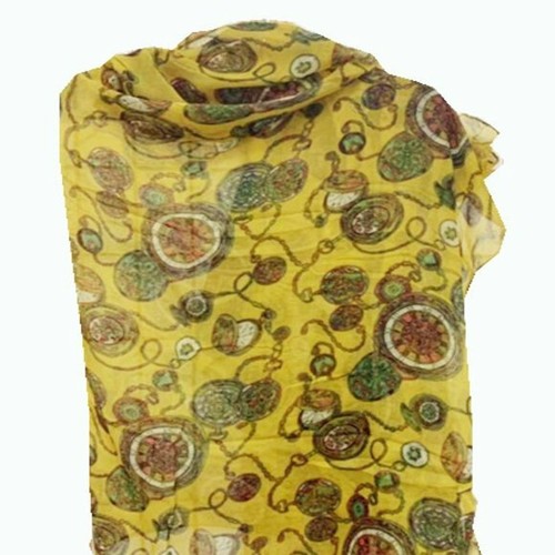 Nuevo Mantón envolvente bufanda 100 % viscosa estampado diseño reloj amarillo y rosa intenso - Imagen 7 de 20