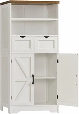 Farmhouse Storage Cabinet with Doors & 2 Drawers, Bathroom Cabinet with Adjustab