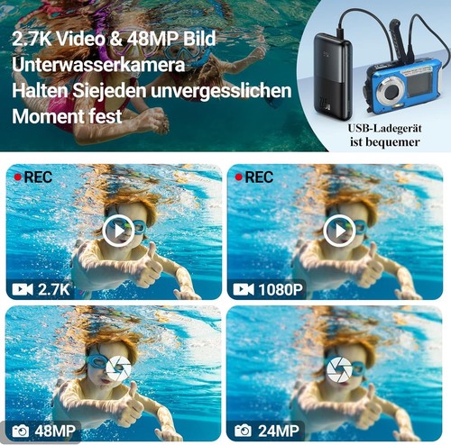 Unterwasserkamera Wasserdichte Kamera 2.7K 16x Zoom Digitalkamera Blau 48MP - Bild 4 von 21