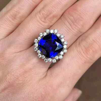 14K White Gold 3.70 Ct Cushion Cut Natural Tanzanite Diamond Wedding Ring Solid