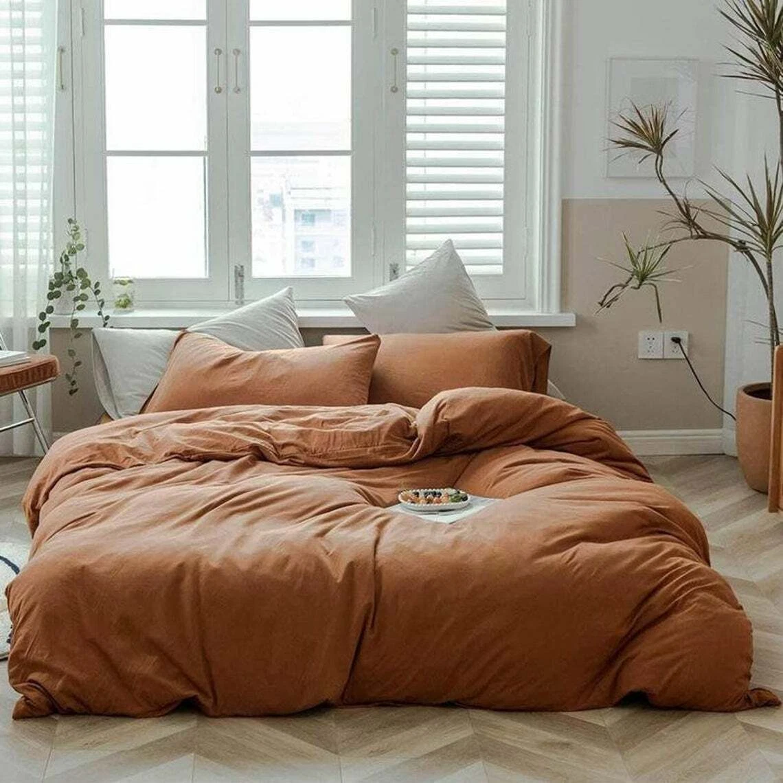Rust Washed Cotton Duvet Cover Set Soft Warm Bedding Vintage