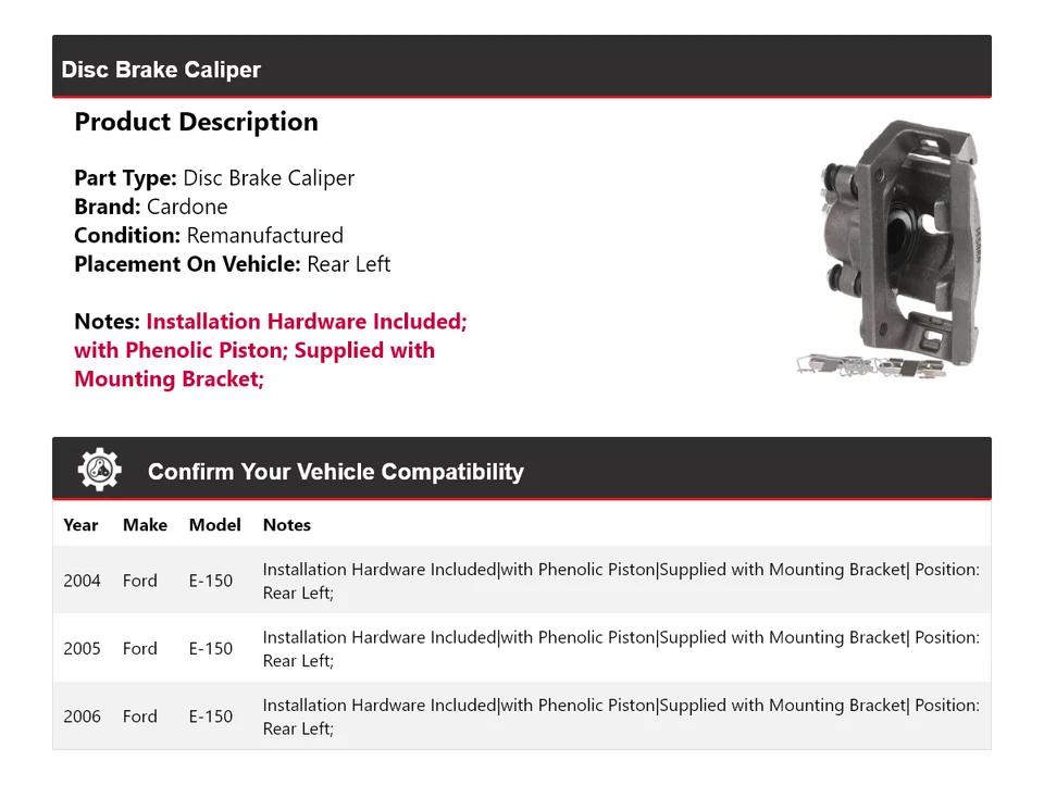 Pinza de freno de disco trasera izquierda cardone 2005 para Ford E-150 2004-2006 Foto 2 de 4