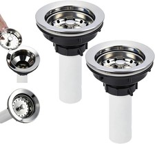 2 PC Kitchen Sink Drain Assembly Stainless Steel Basket Strainer with Knob 3-1/2