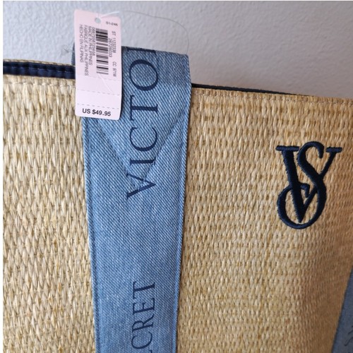 Victoria's Secret ~ Neu! Neu mit Etikett ~ große Strandtasche Stroh Raffia Weekender mit Denim - Bild 3 von 8