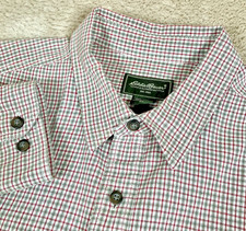 EDDIE BAUER Mens XL TALL Red Green White Plaid Cotton L/S Pocket Shirt