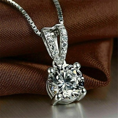 2Ct Lab Created Diamond Round Solitaire Pendant 14K White Gold Plated 18'' Free