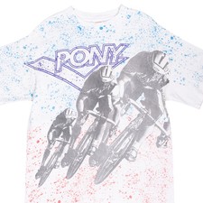 VINTAGE PONY CYCLING ALL OVER PRINT TEE SHIRT LARGE MADE IN USA