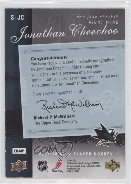 2007-08 Upper Deck Be a Player Signatures Jonathan Cheechoo #S-JC Auto - Image 2 of 2