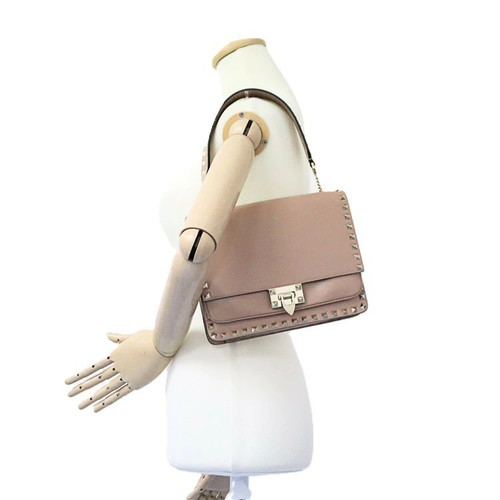 Valentino Garavani Rockstud 3Way Clutch Shoulder Bag Calf Leather Pink Beige