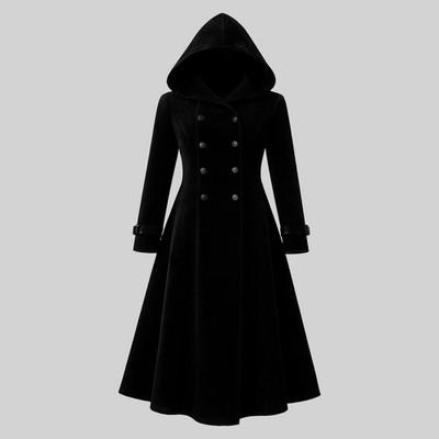 Women Black Velvet Hooded Gothic Victorian Steampunk Long Coat Aristocrat  Coat