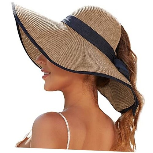 Sun Hats for Women with Ponytail Hole, Wide Brim Beach Hats for Women, Floppy