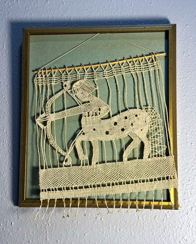Vintage 1960s Handmade Macramé and Bamboo Centaur-with-Bow on Antique-Gold Frame
