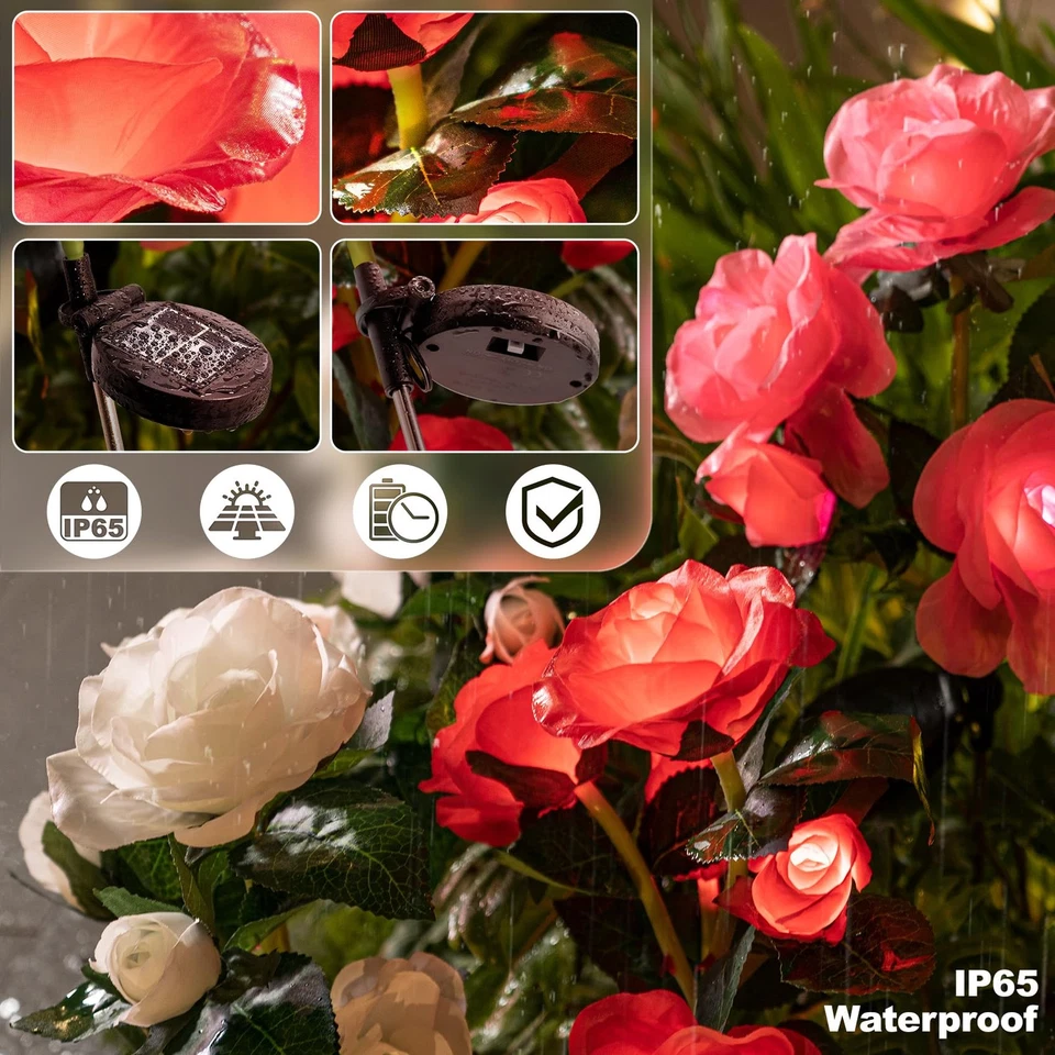 Luces solares de jardín exterior: paquete de 2 rosas de tela impermeables flores - LED R... Foto 4 de 4