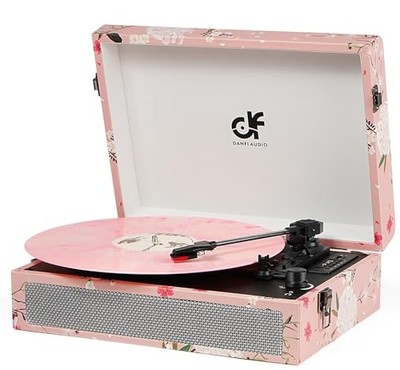 Vinyl Record Player Bluetooth with Built-in Speakers, Vintage Portable Pink
