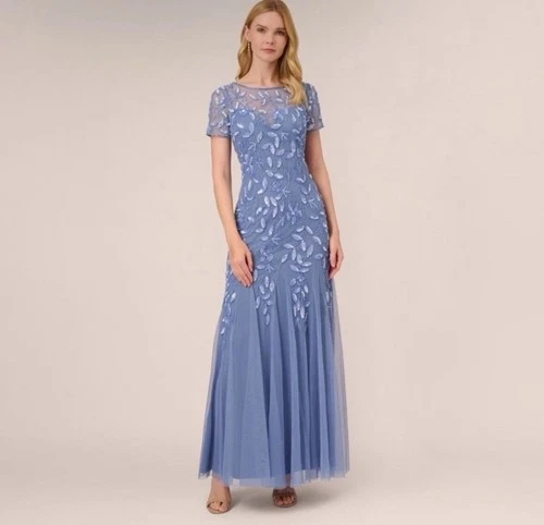 Adrianna Papell Blue Beaded Tulle Gown SZ 8 NWT Floral Sequin Formal Dress