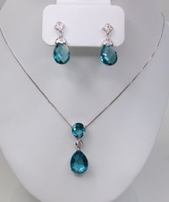 NWT Macy's Sterling Silver Blue Zircon Teardrop Pendant Necklace & Earring Set