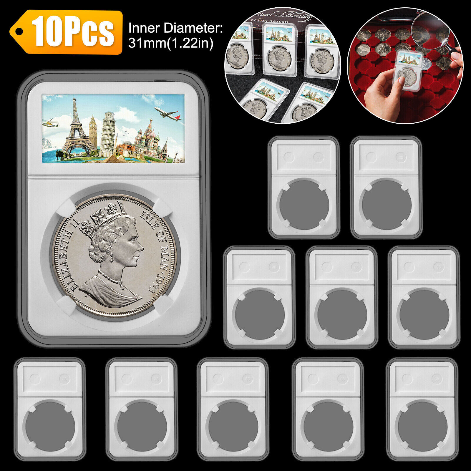 10Pcs Coin Slab Display Holder Storage Collection Case 31mm for JFK Half Dollar