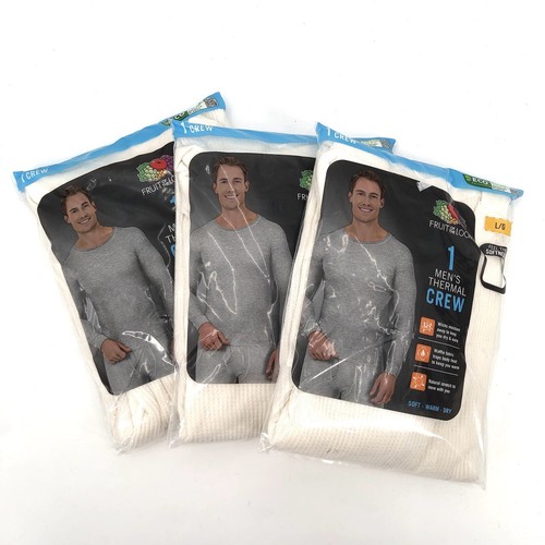 FRUIT OF THE LOOM Men's Thermal Crew Long Sleeve Shirt *Pack of 3* Natural NEW L - Foto 1 di 7