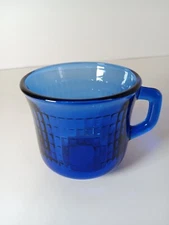 VTG 1980s Fortecrista Cobalt Blue Glass Coffee/Tea Mugs Checkered  3" Mexico