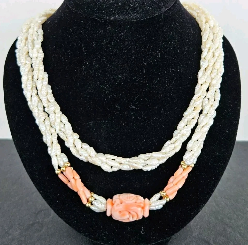 Vintage Angel Skyn Coral & RICE PEARL & 14K Gold BEADS NECKLACE 111 - Image 2 of 4