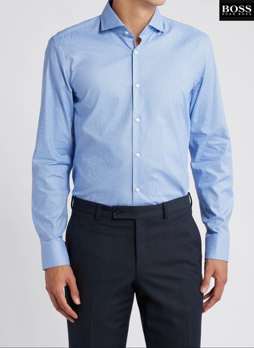 HUGO BOSS NWT HANK SLIM FIT MICROPATTERN STRETCH COTTON BLUE DRESS SHIRT. 17/43 - 第 1/14 張圖片