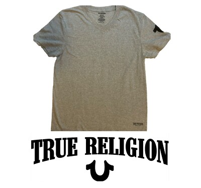 True Religion Mens T-Shirt MEDIUM Gray Logo On Sleeve Short Sleeve  V-Neck