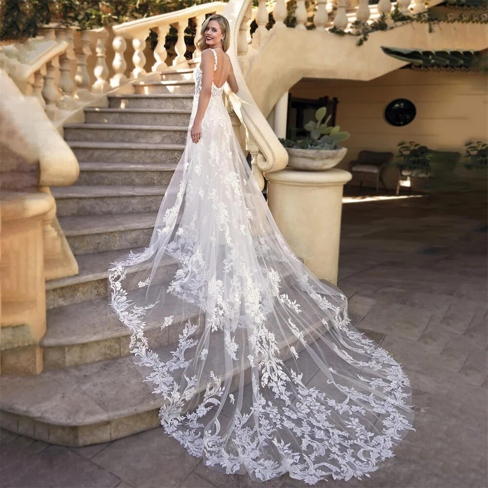 Elegant Mermaid Wedding Dress Spaghetti Strap Backless Lace Applique Bridal  Gown | eBay