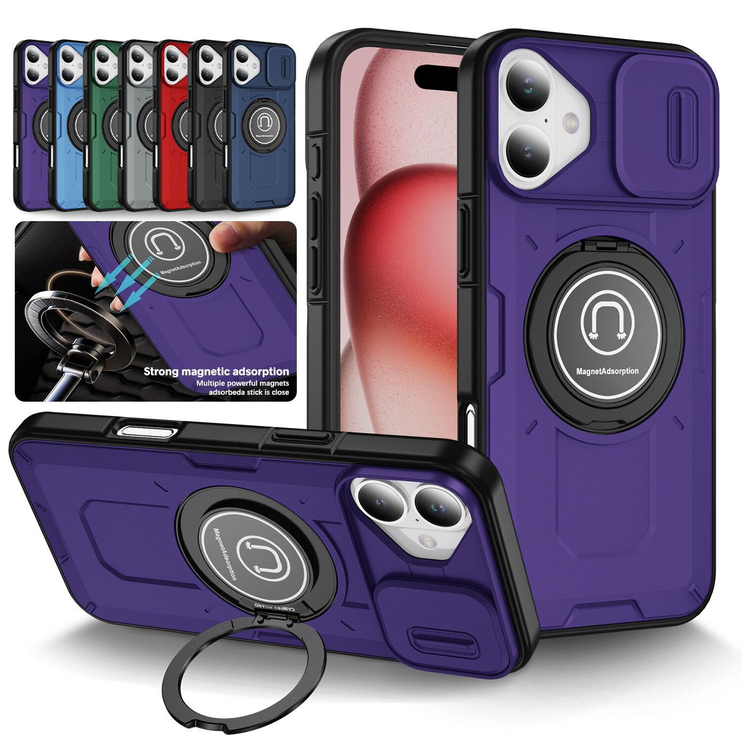 Magnetic Shockproof Heavy Duty Ring Stand Case For iPhone 16 15 14 13 12 Pro Max