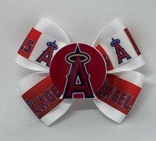 Girls Hair Bow 4" Wide LA Angels Baseball White/Red Barrette, Clip or Ponytail