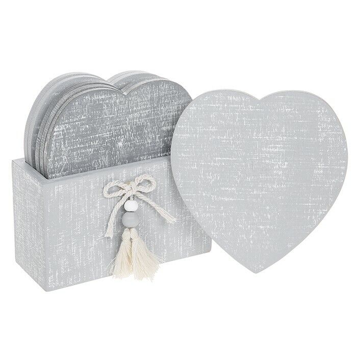 Set of 6 Provence Cool Grey Heart Wooden Coasters in Holder Shabby...