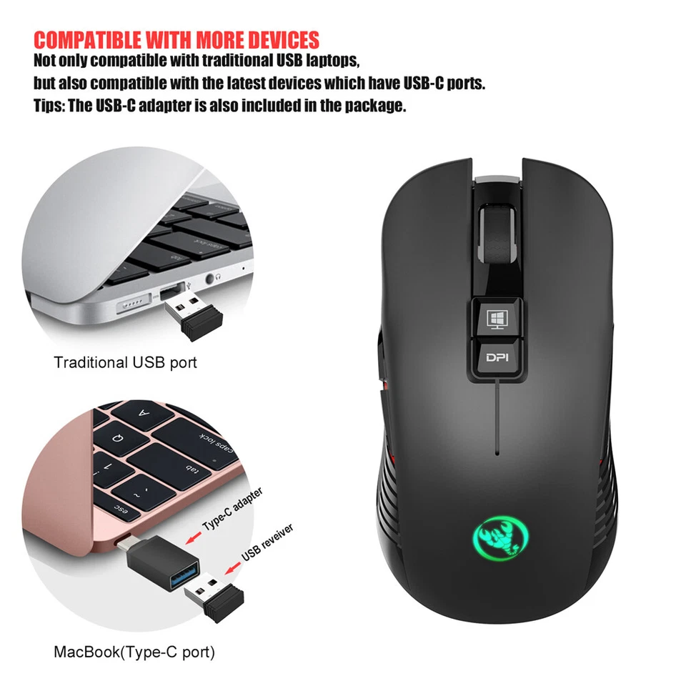 2.4G USB-C Wireless Gaming Mouse Rechargeable 3600DPI 7 Button Type-c Mute Mice - Image 4 of 4