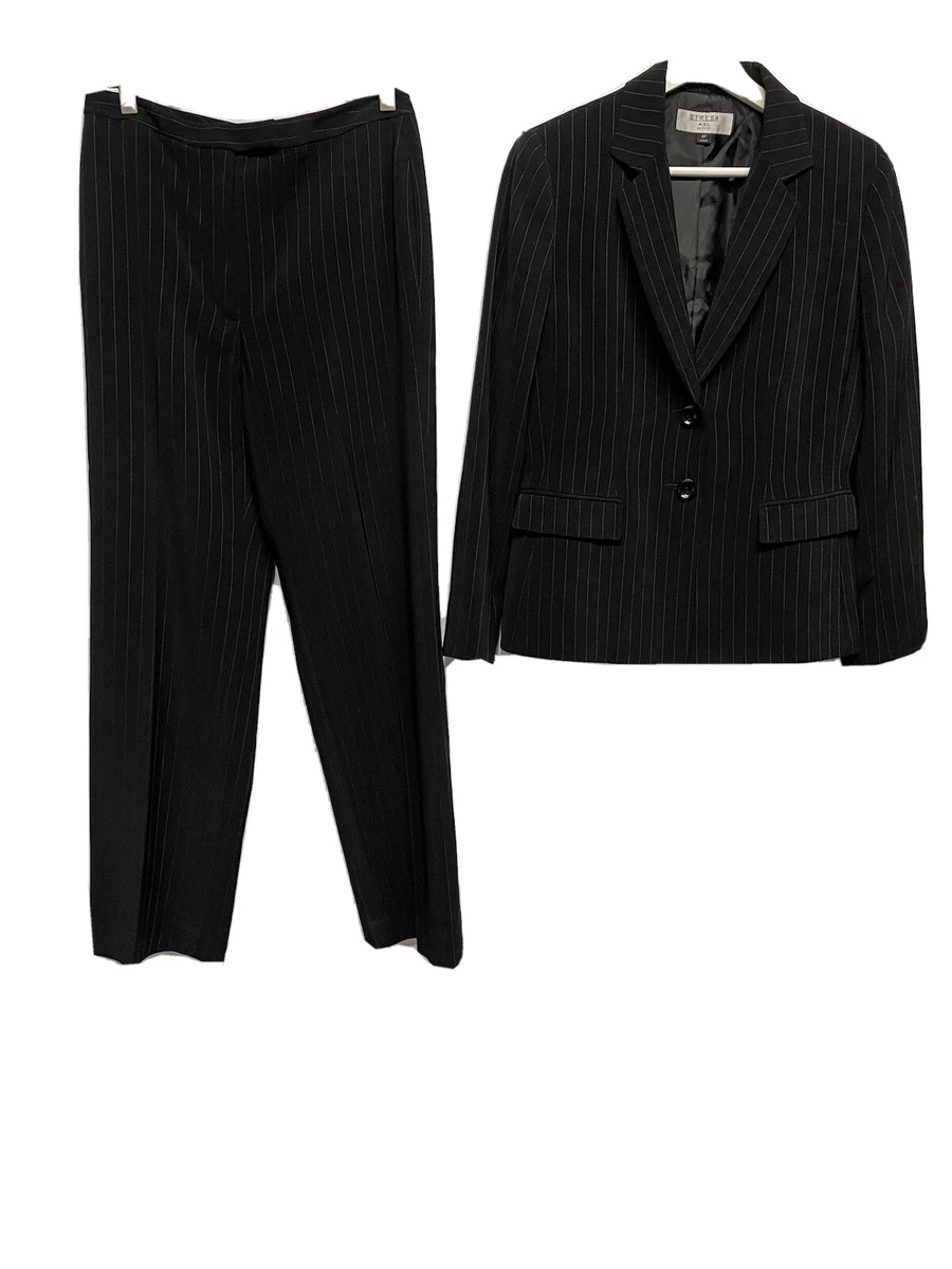 Tahari Stresa ASL Petite Black Pin Stripe Pant Suit Blazer Jacket 8 Pants 4P